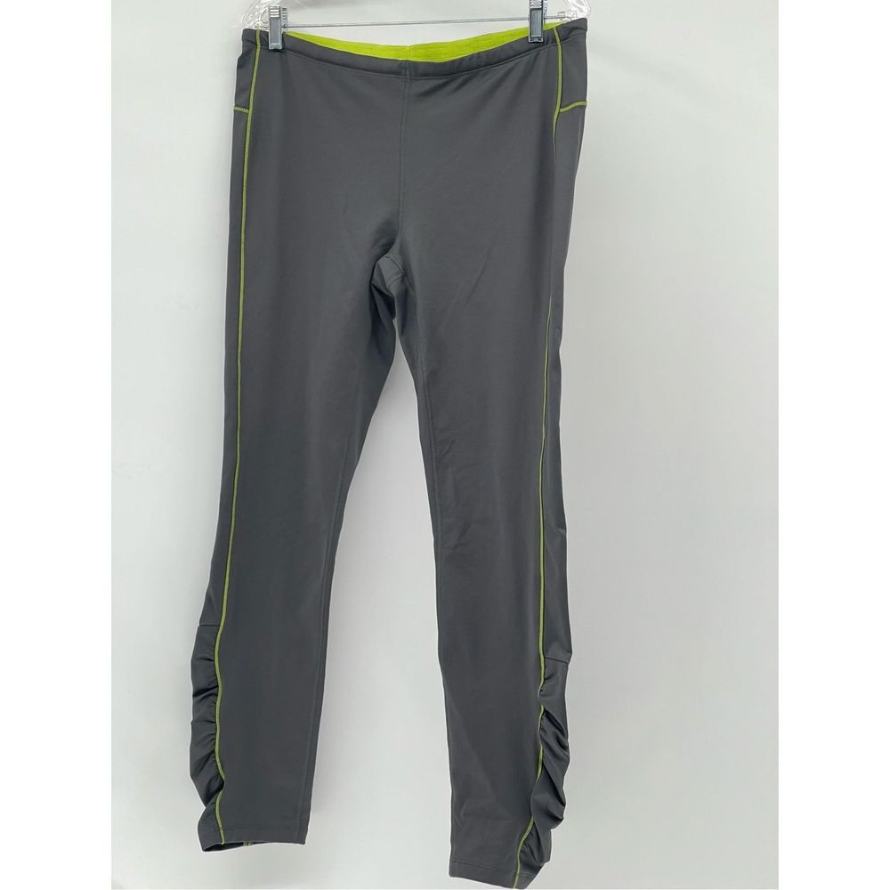 REI Leggings Women Size Large Gray Neon Trim‎ Cinch Bottom Zipped Pocket Pull On